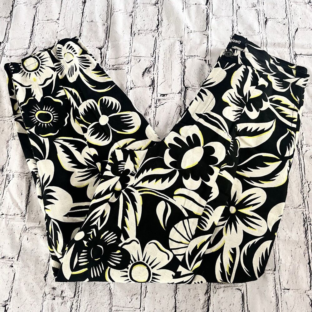 Desigual floral Print Trousers Black White S Lined Pockets Barrel leg Tapered - Picture 2 of 6